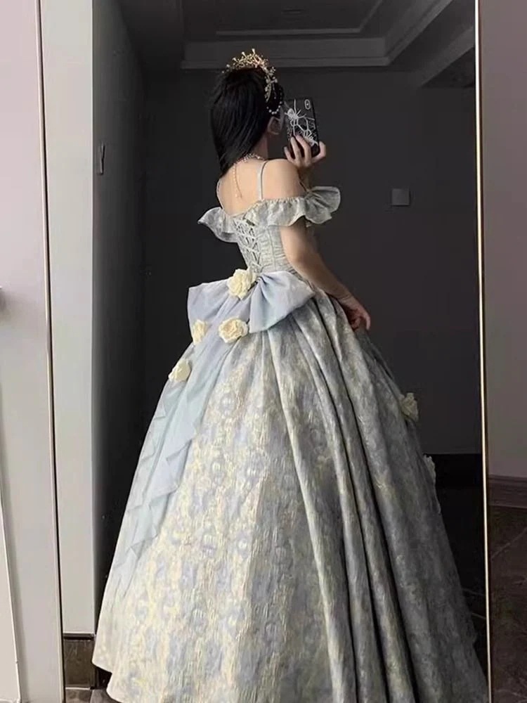 ブルーロリータスカートの花のウェディングドレスゴージャスな大人のセレモニードレスロリータプリンセスドレスサマーワンピースドレスドレス