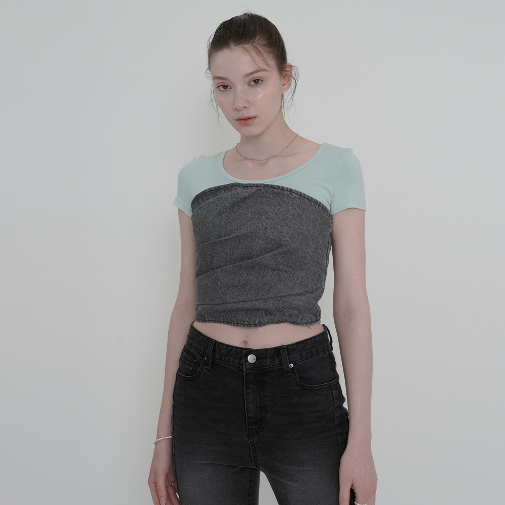 DRAPE DENIM BUSTIER TOP-BLACK