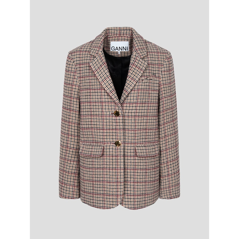 GANNI チェックウールミックスボクシーブレザー-ベージュ FW24-QN4911R03A