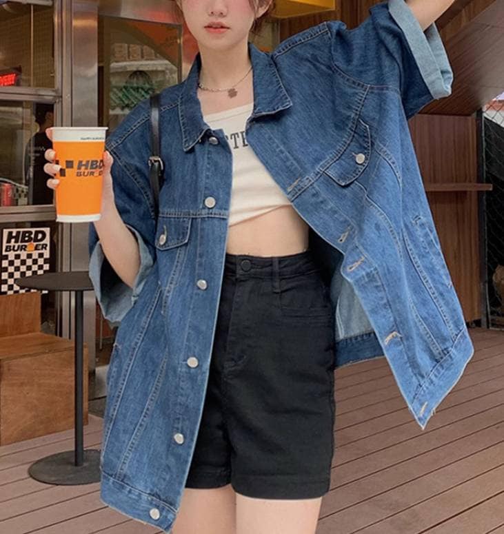 大ヒット レディース トップス ジャケット 羽織 前開き デニムジャケット 半袖 襟付き オーバーサイズ ポケット デニム ブルーデニム かわいい シンプル カジュアル おしゃれ かっこいい メンズラ