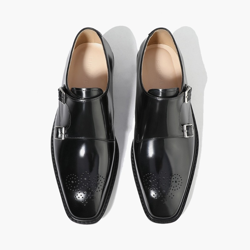 激安通販  ダブルモンクストラップ オックスフォード ビジネスシューズ 本革 メンズ 紳士靴 (BK) 背高靴 ビジネス