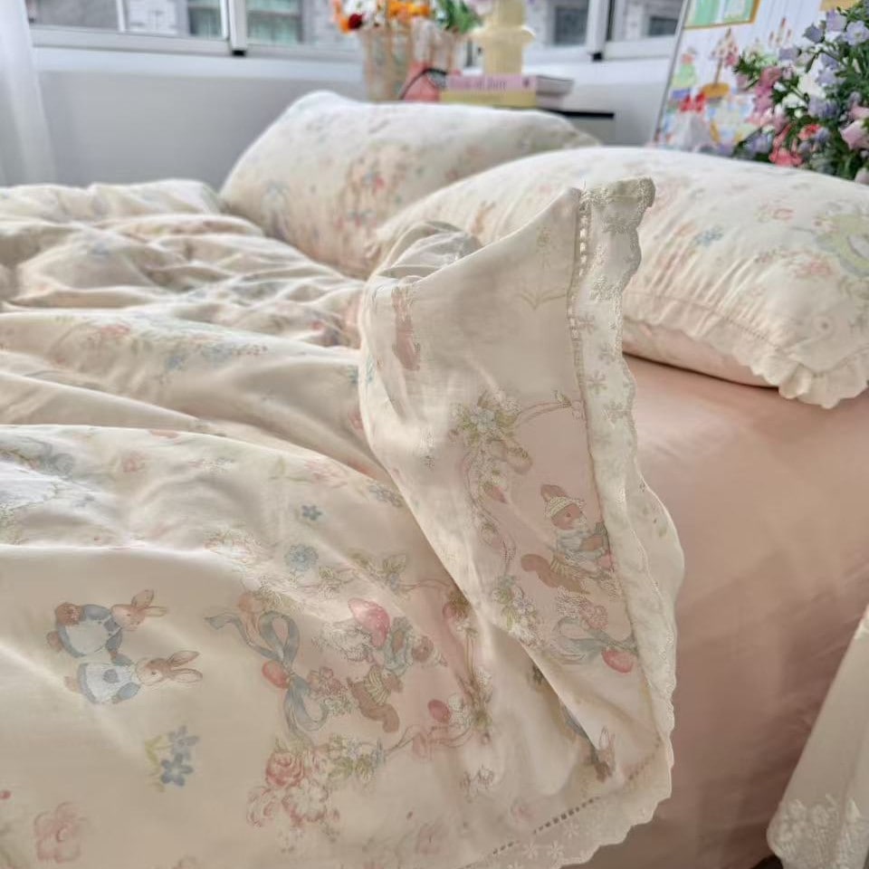 ロマンティックな少女心をくすぐる全綿二重ガーゼ4点セット小花柄の布団カバーは柔らかく通気性のある純綿製Mサイズ寝具