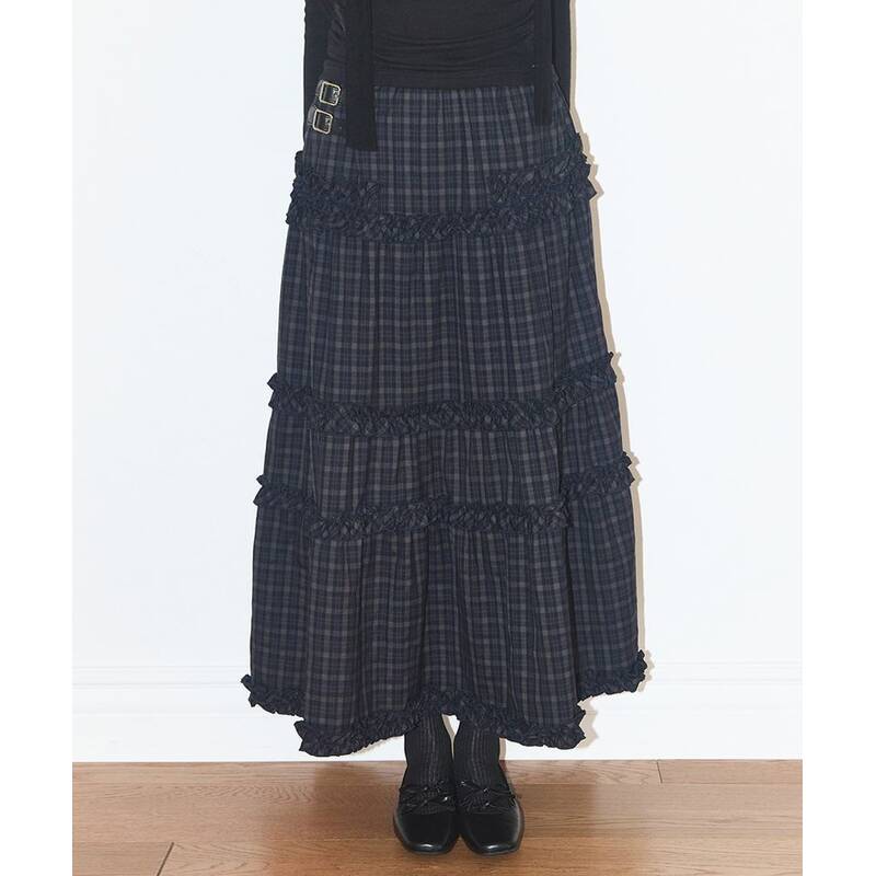 ILLIGO バックルフリルロングスカート チェック ネイビー 26SPSK01NV 421164