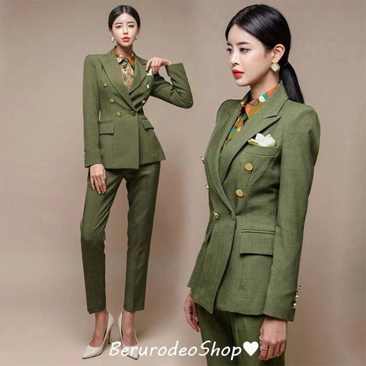 スーツ レディース パンツスーツ グリーン 韓国風 オシャレ 30代 40代 フォーマルスーツ スーツセット 入園式 卒園式 通勤 L パンツセットアップ テーラードジャケット 2点セット 緑