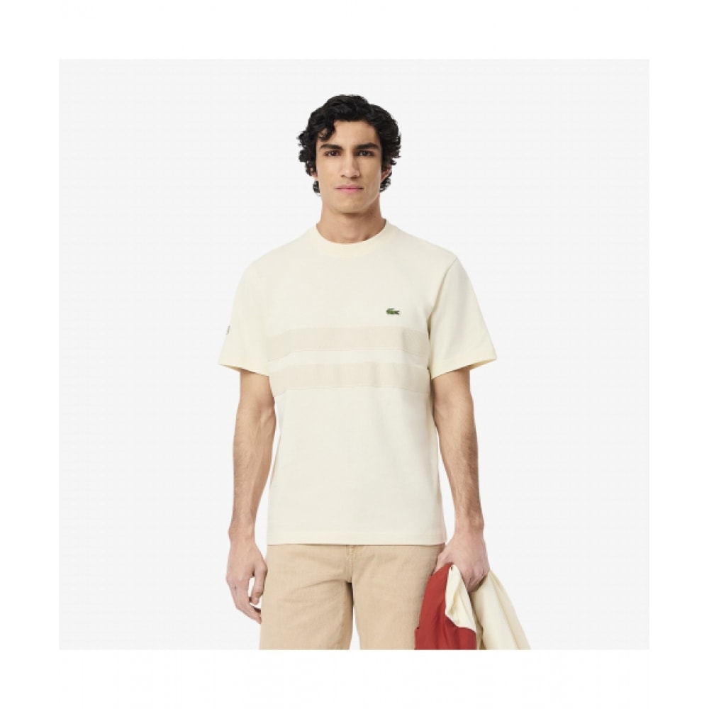 LACOSTE 男性 チェスト ストライプ Tシャツ [クリーム]