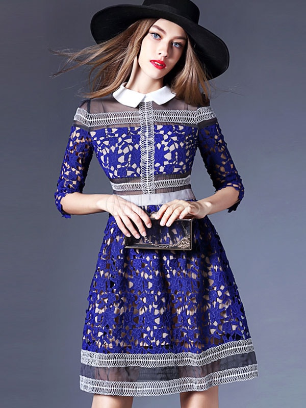 女の子のためのブルーセミシーレースフレアワンピース