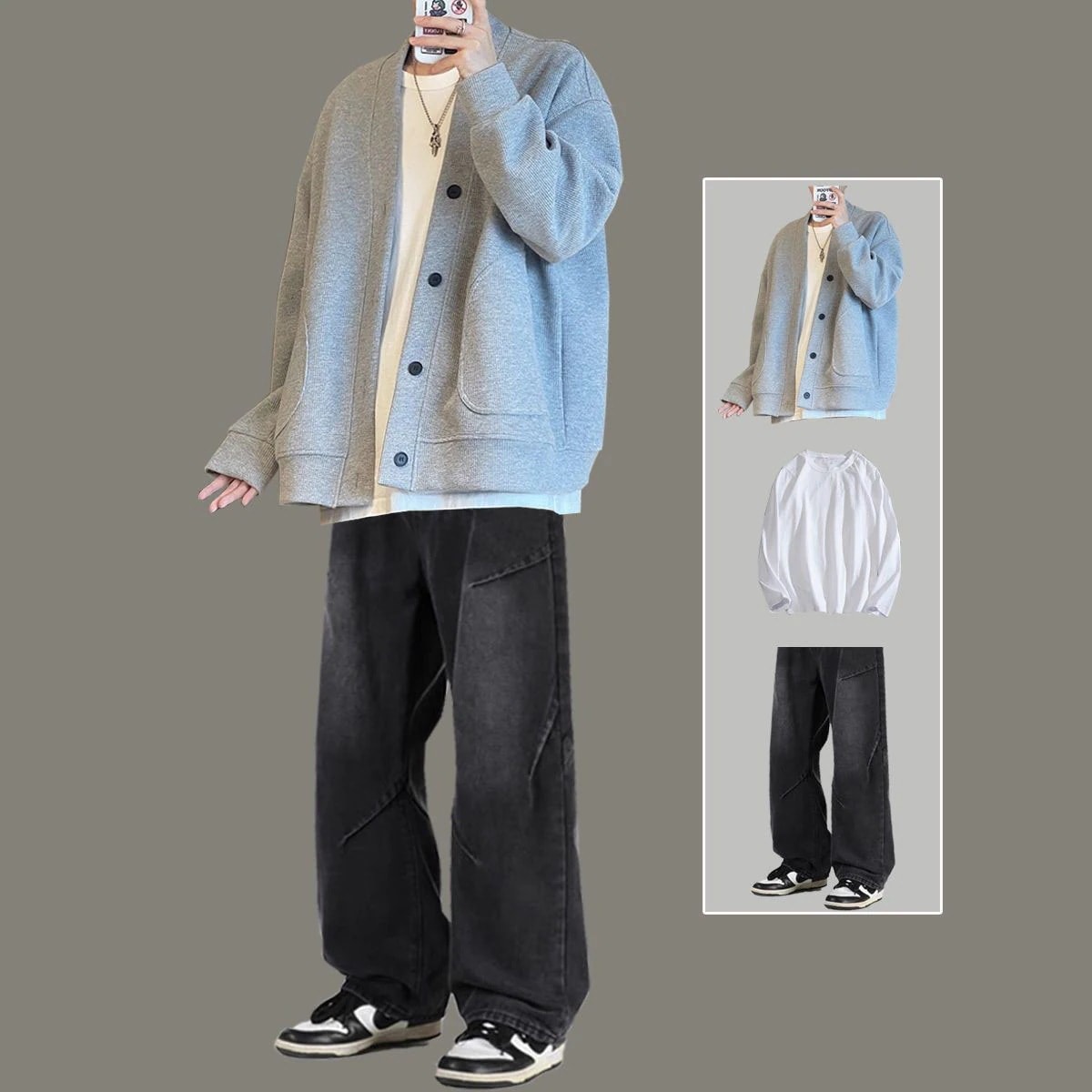 新しい カーディガン/長袖Tシャツ/ デニムパンツ 3点セット メンズファッション ゆったり 長袖パーカー インナー ジーンズ セットアップ