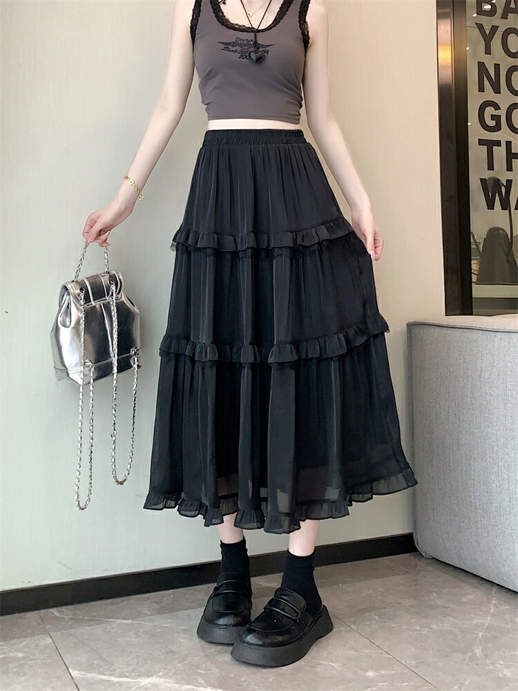 ハイウエスト ケーキスカート プリーツスカート ロングスカート レディース スカート ウエストゴム Aラインスカート レース フリル ロングスカート パッチワーク スウィートスタイル ガーリー ゆった