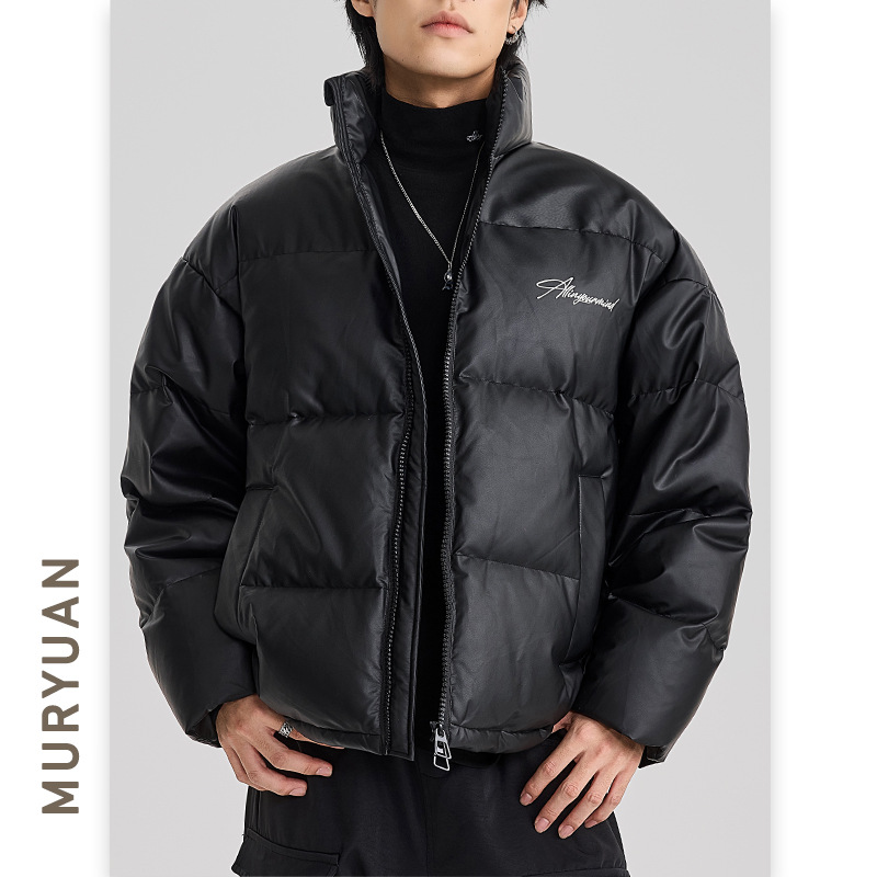 冬アメリカン シンプル Puレザー ダウンジャケット メンズ トレンド ブランド 防風 スタンドカラー ブレッドジャケット