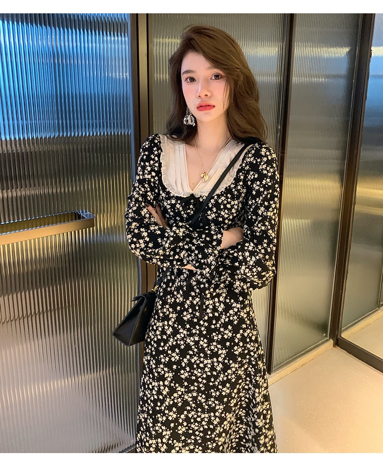 レディース ファッション フランス レトロ ロング スカート ウエスト ミッドレングス 花柄 ドレス 女性 秋服 ブラック ＳＭ かわいい 大人可愛い きれいめ シンプル カジュアル 大人 上品