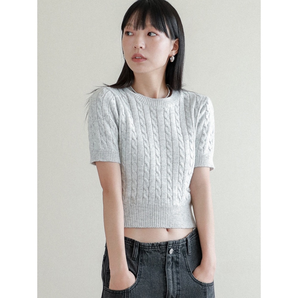 LOSSYROW ロッシーカシミヤケーブル半袖ラウンドニット ライトグレー