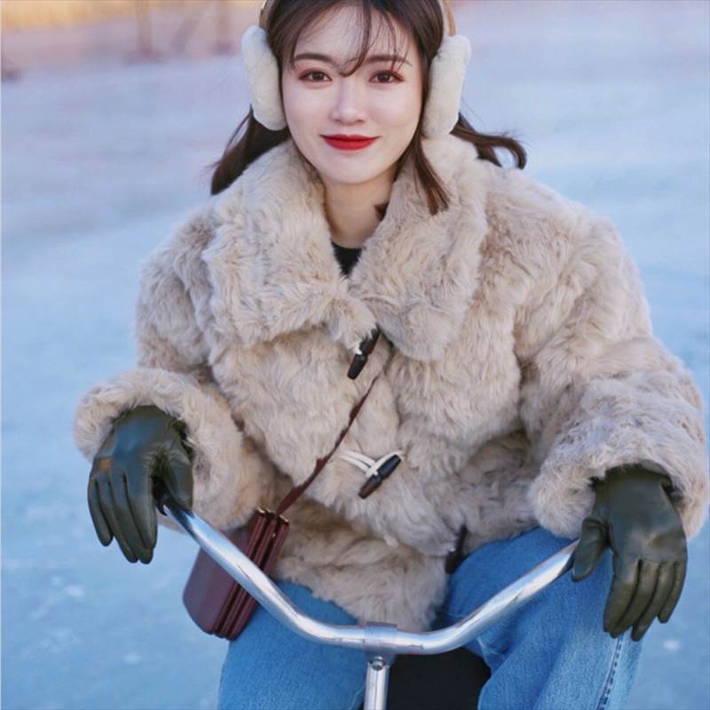 ファージャケット レディース アウター ブルゾン ジャケット コート 個性的 ボア ファー 長袖 襟付き 無地 S M L XL 茶色 ニュアンスカラー 冬 防寒 厚手 ルーズ 体型カバー 普段使い