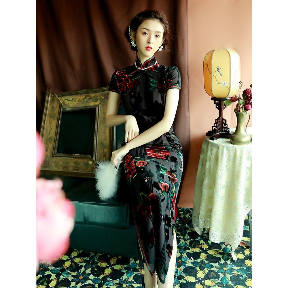 古い上海チャイナドレスロング春夏シルク改良版女の子レトロ漢服デイリーエレガントドレス