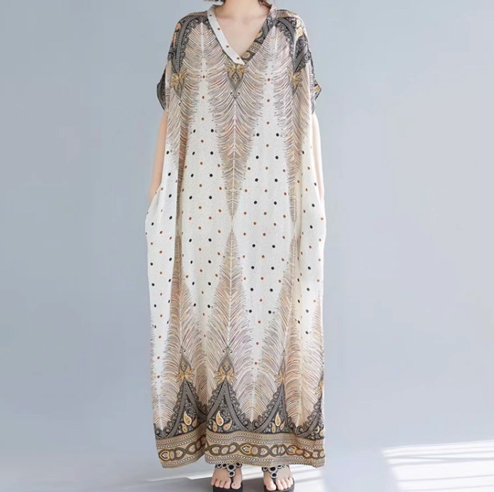 レディース ワンピース フレア ロング マキシ 半袖 ドルマンスリーブ Vネック フェミニン ストリート 異国風 かわいい 大人可愛い 上品 おしゃれ かっこいい レトロ アジアン エスニック