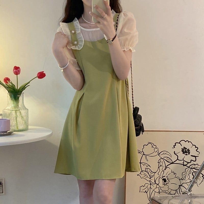 2color レディース ワンピース ミニ丈ワンピース ミニ丈 フェイクツーピース シアートップス