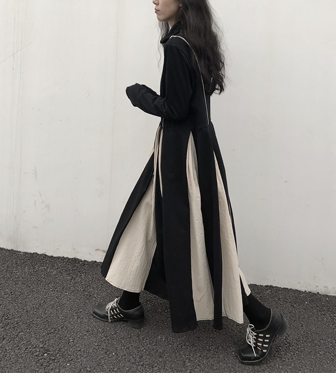 個性的ワンピース Aラインスカートワンピース 長袖カジュアルワンピース モノトーンカラーワンピース スカート ワンピース プルオーバー オールインワン ロングスカート フレアスカート ロング ロング丈