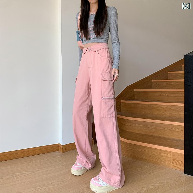 カーゴパンツ レディース おしゃれ カジュアル 大きめサイズ ハイウエスト 秋冬 ストレート ワイドパンツ 韓国 薄手 ポケット ピンク ホワイト