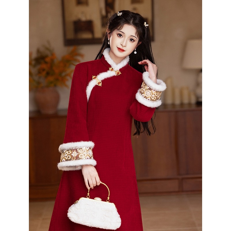 ワンピースドレスドレスレッドチョンサム秋と冬の服花嫁の婚約ドレスと家具厚い新年のバトルガウンスモール