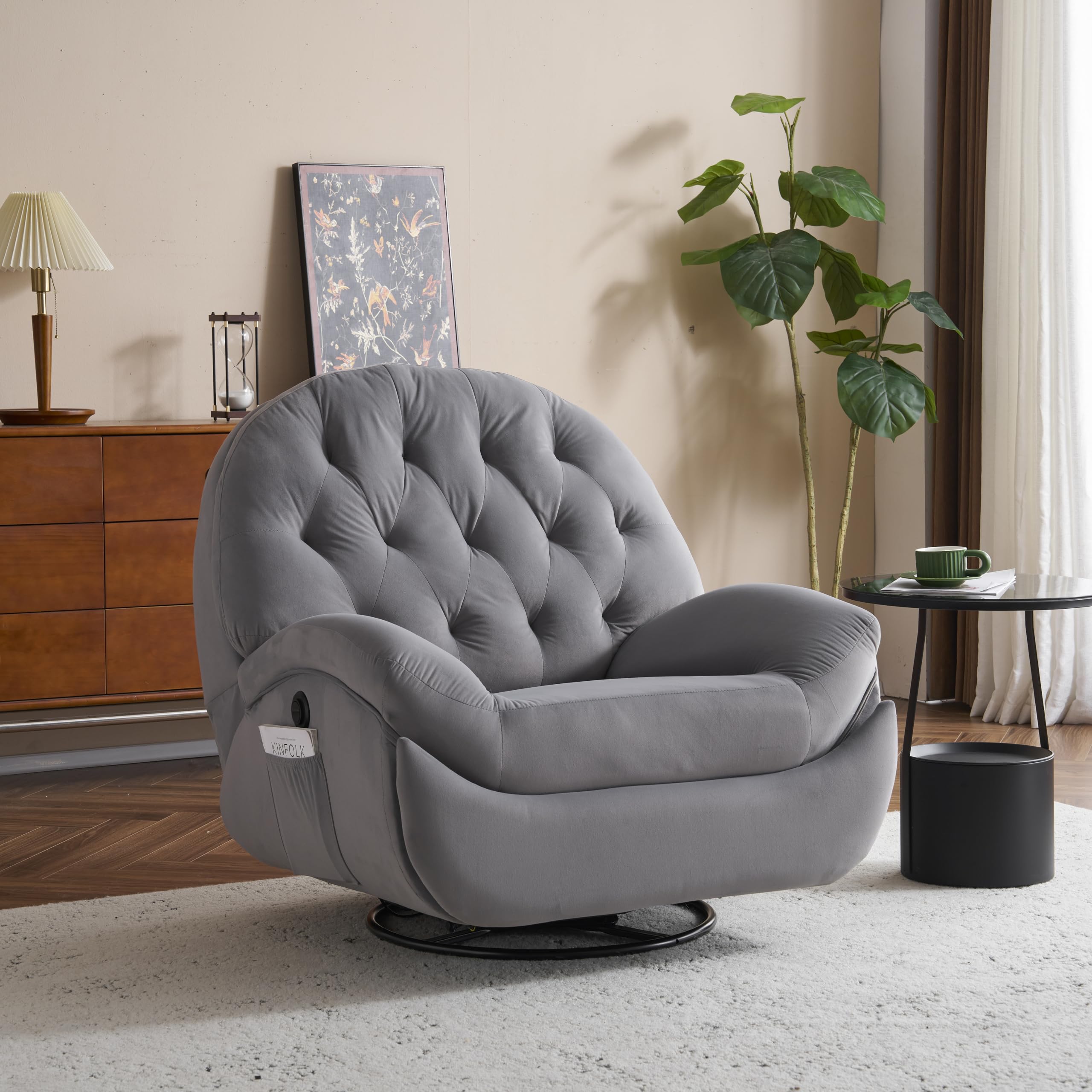 電動リクライニングソファー 1人掛け ゲーミングチェア ベルベット 貝殻デザイン 270度回転式 105-165度リクライニング 簡単昇降ボタン おしゃれ 快適 リビングルーム 家具 チェア (グレー