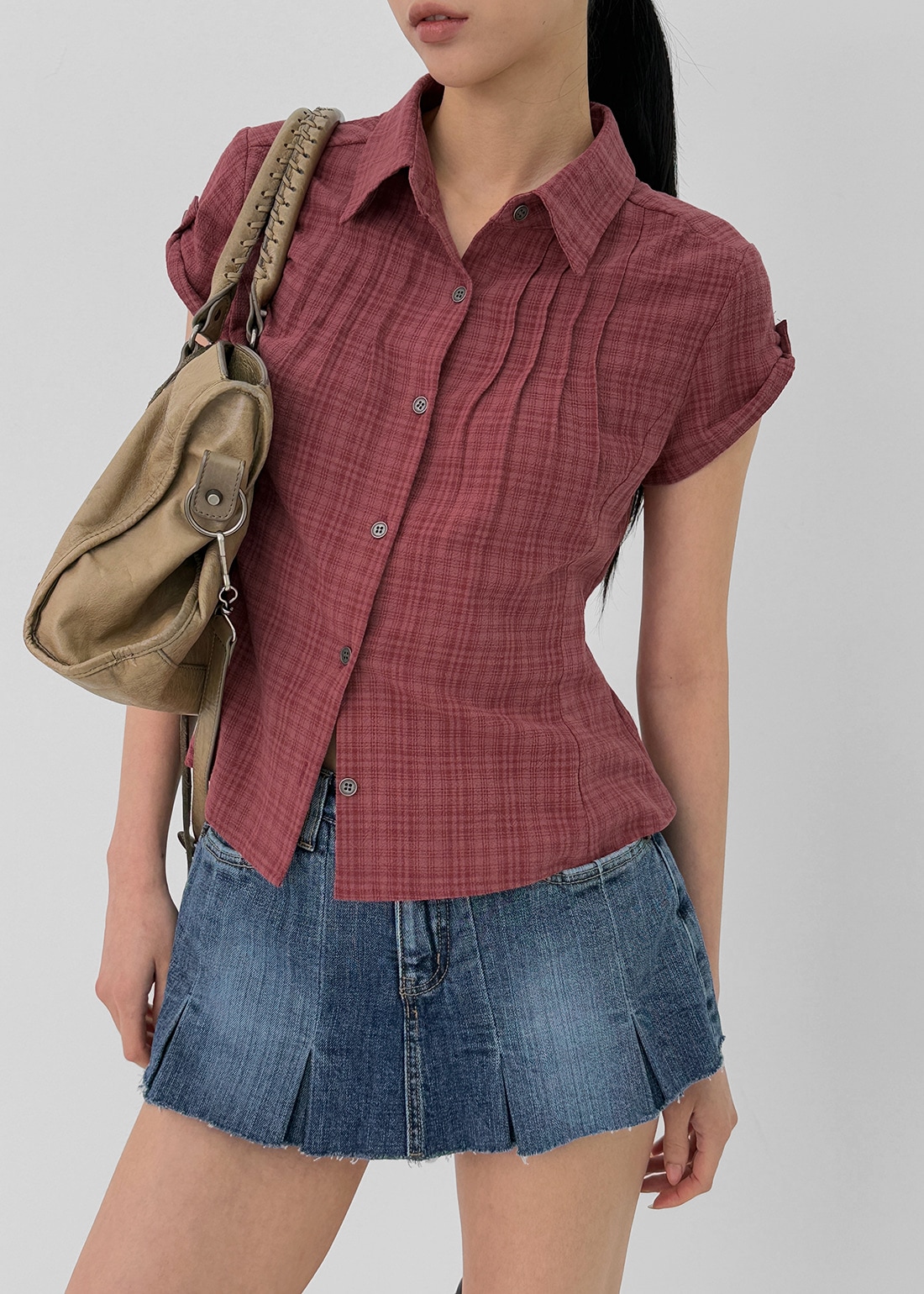 ホッポロールアップ半袖チェックシャツリネン30%