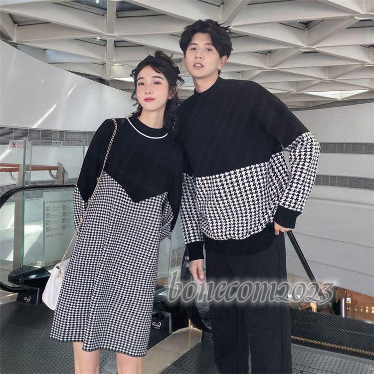 2点セットペアルック カップル セーター ワンピース 千鳥柄 カップル お揃い 秋冬 カップル ペアルック セーター ペア カップル おそろい ニット メンズ 夫婦