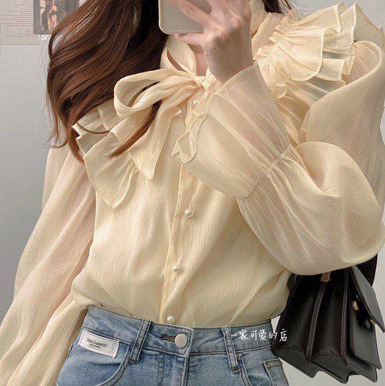 ブラウス レディース フリル レース シャツ 大きいサイズ 女性らしい 春 夏新作 トップス おしゃれ 上品 華やか フェミニン きれいめ 可愛い 大人 シンプル 無地 シフォン ボウタイ パールボタ