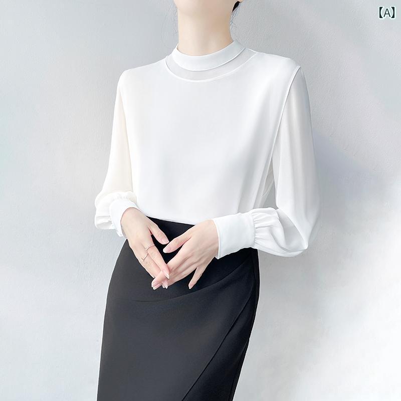 レディース シャツ 白ブラウス 長袖 春秋 白 ラウンドネック シックなおしゃれネック プルオーバー 透け感 シンプル フォーマル 清楚 きれいめ 上品 スタイリッシュ ビジネス