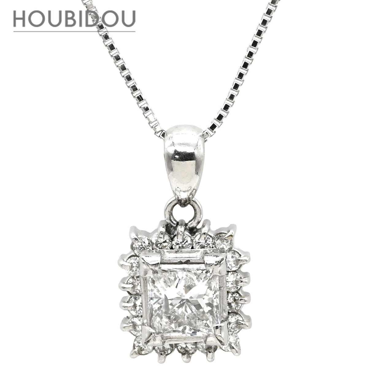 ネックレス ダイヤ 0.61ct ペンダント プラチナシルバー×ホワイトゴールド Pt 18KWG スクエア プリンセスカット メレダイヤ 【中古】