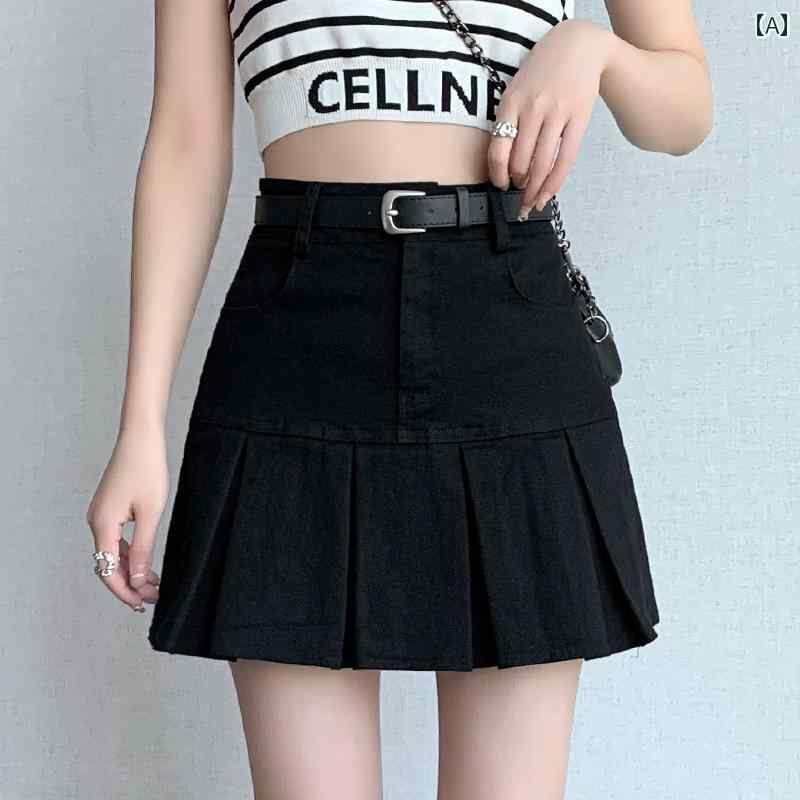 デニムスカート ミニ プリーツ レディース 春夏秋 ハイウエスト ライン ヒップスカート ブラック ホワイト ベージュ