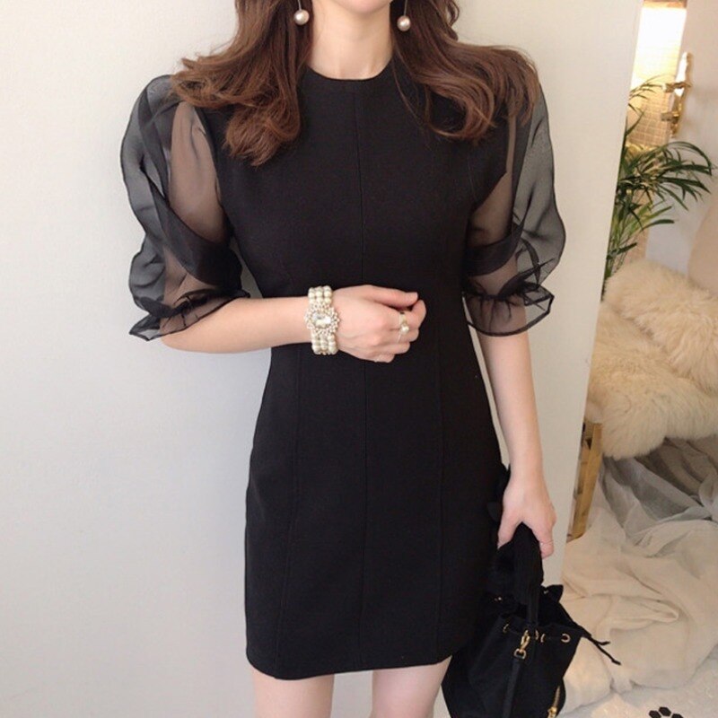 ワンピース レディース ミニ丈 夏 袖あり タイト チュール シフォン パフスリーブ かわいい 大人可愛い きれいめ シンプル ガーリー キュート セクシー パーティ デート イベント ブラック