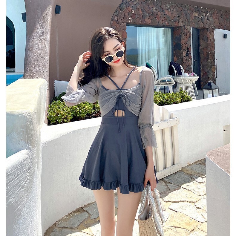 ワンポイント 水着 スイムウェア ワンピース水着 体型カバー水着 ワンピース 長袖 リボン シフォン フリル かわいい 大人可愛い 華やか おしゃれ 主役級 存在感 ラブリー キュート ガーリー 無地