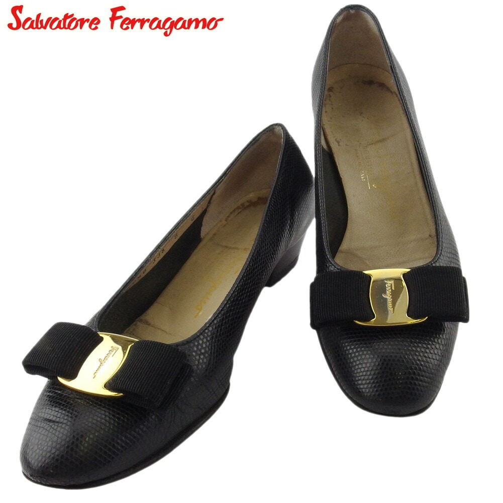 パンプス シューズ 靴 ヴァラリボン レディース 5C リザード調 ブラック ゴールド 中古