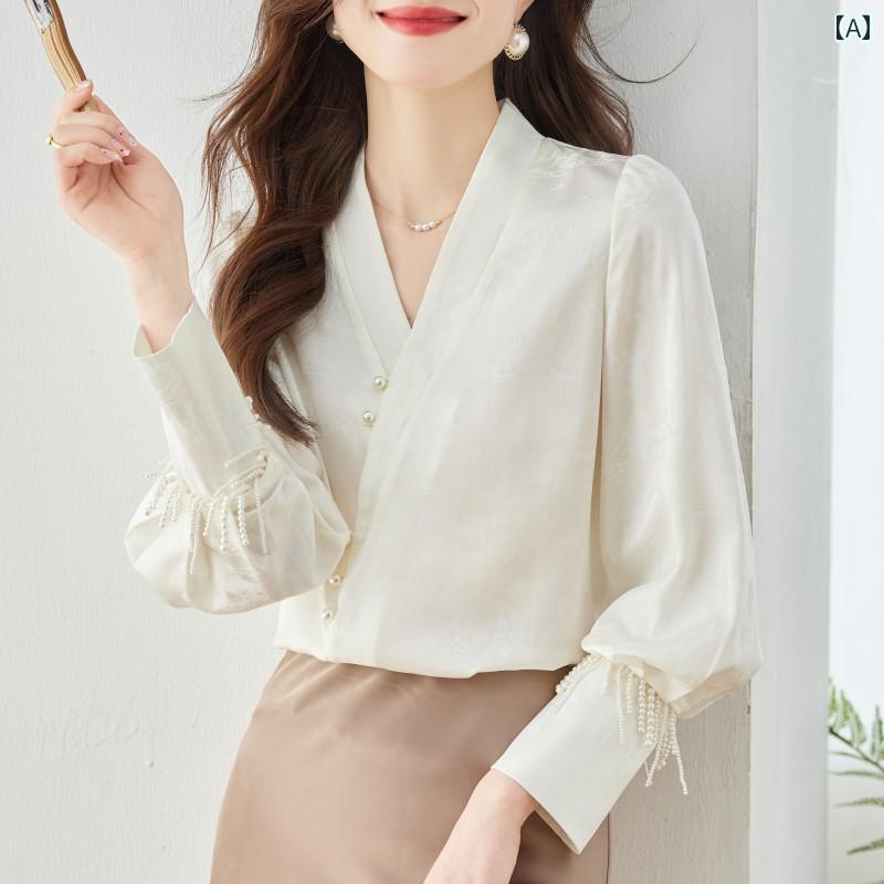 レディース 婦人服 女性用 トップス シャツ ブラウス 大人かわいい 長袖 高級感 春秋 レトロ チャイナ風 クロスカラー 5,642円