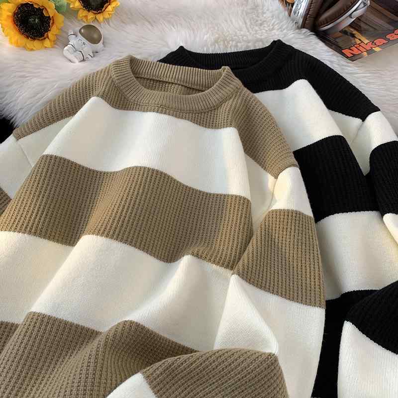 秋冬 コーデ メンズ 服 シンプル ファッション オシャレ 大人 かっこいい 大きいサイズ ストリート 紳士服 カーキ ストライプ セーター 厚手 アメリカン レトロ シンプル ラウンドネック セータ 5,991円