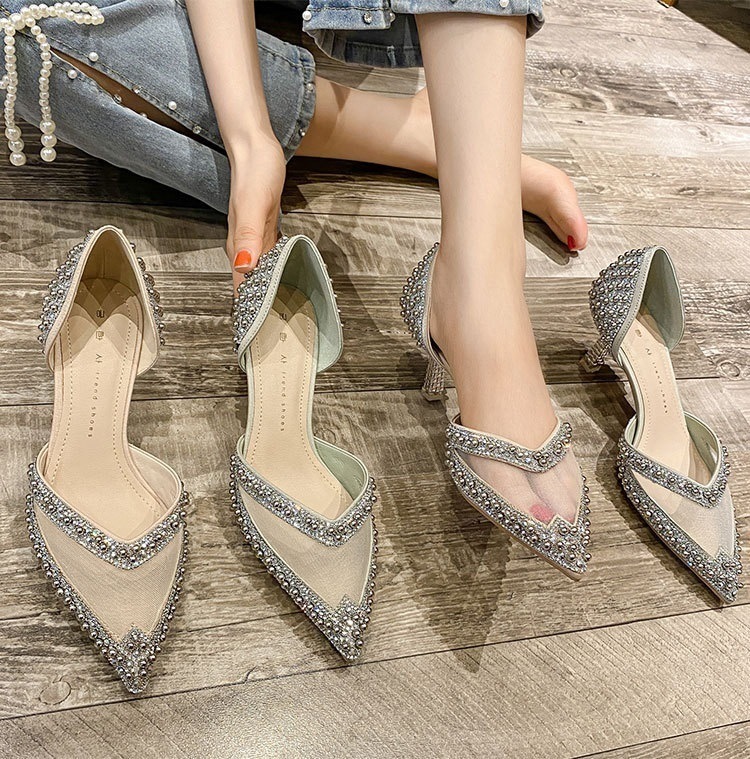 【 2色展開 】クリスタル ストーン メッシュ パンプス　６ｃｍヒール 5,358円