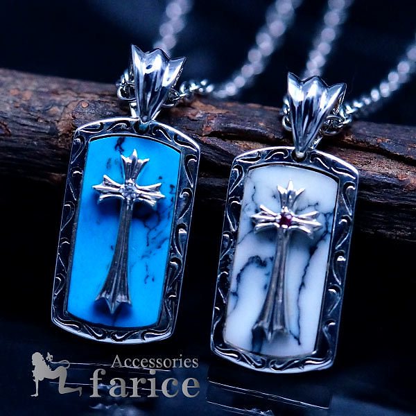 天然石 ターコイズorハウライト クロス(十字架)立体型プレート キュービックジルコニア装飾 メンズ&レディース シルバー925 ペンダント ネックレス