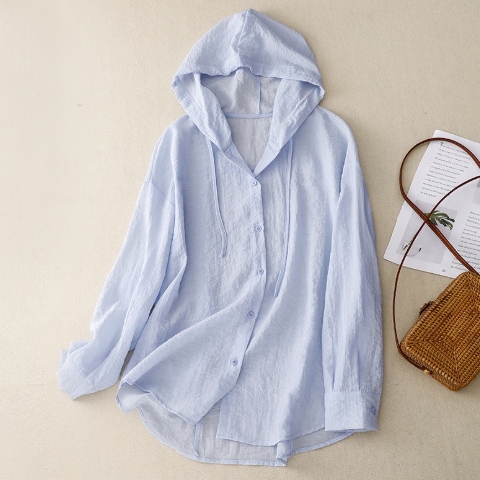 レディース トップス パーカー 長袖 袖あり 襟なし フード 前開き 透け感 ボタン 薄手 かわいい 大人可愛い シンプル カジュアル おしゃれ レトロ アジアン ラフ ルーズ ナチュラル 無地 夏
