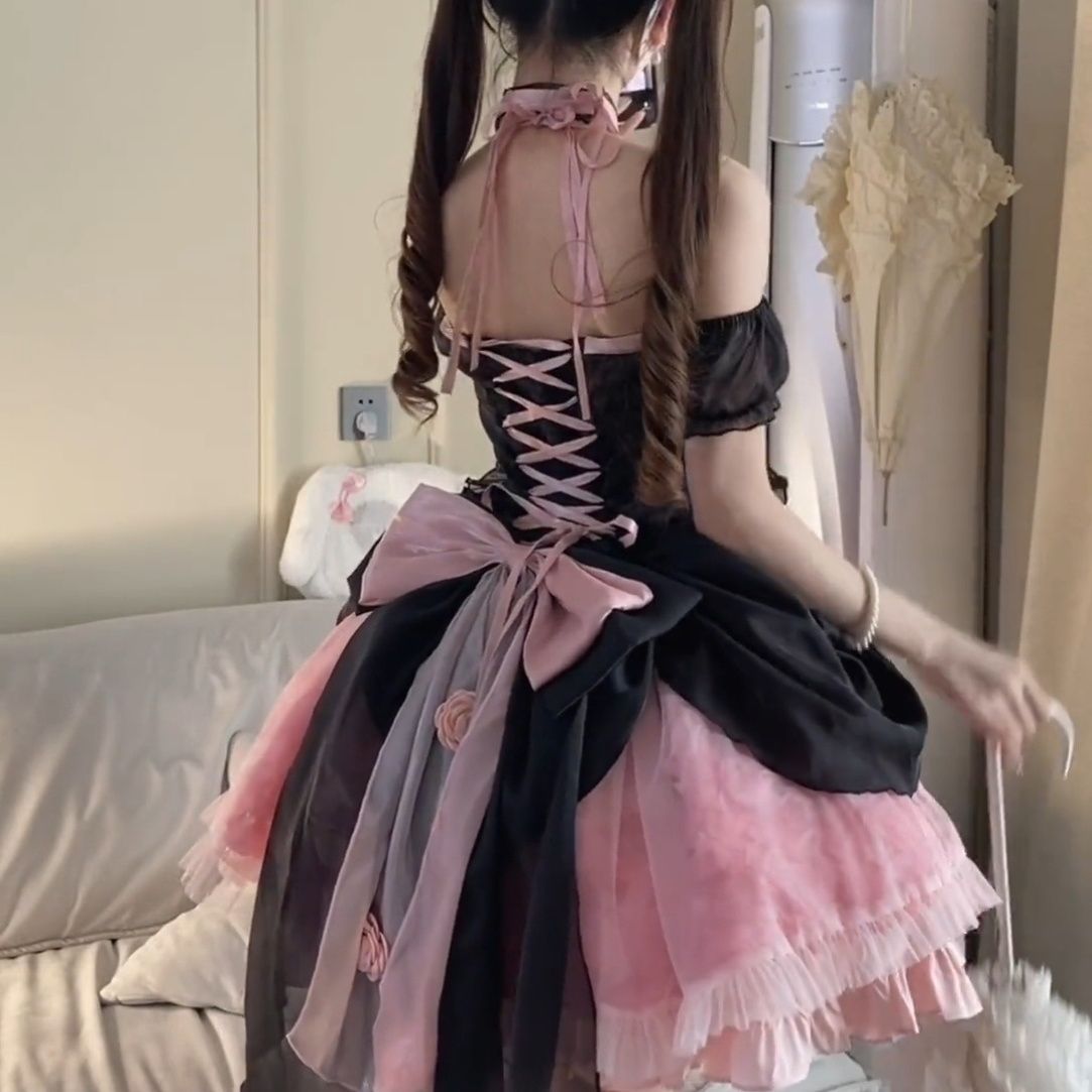 【1.4万人コレクション】ロリータピンク薔薇lolita黒粉甘辛王女風腰魚骨ミニスカートロリータ