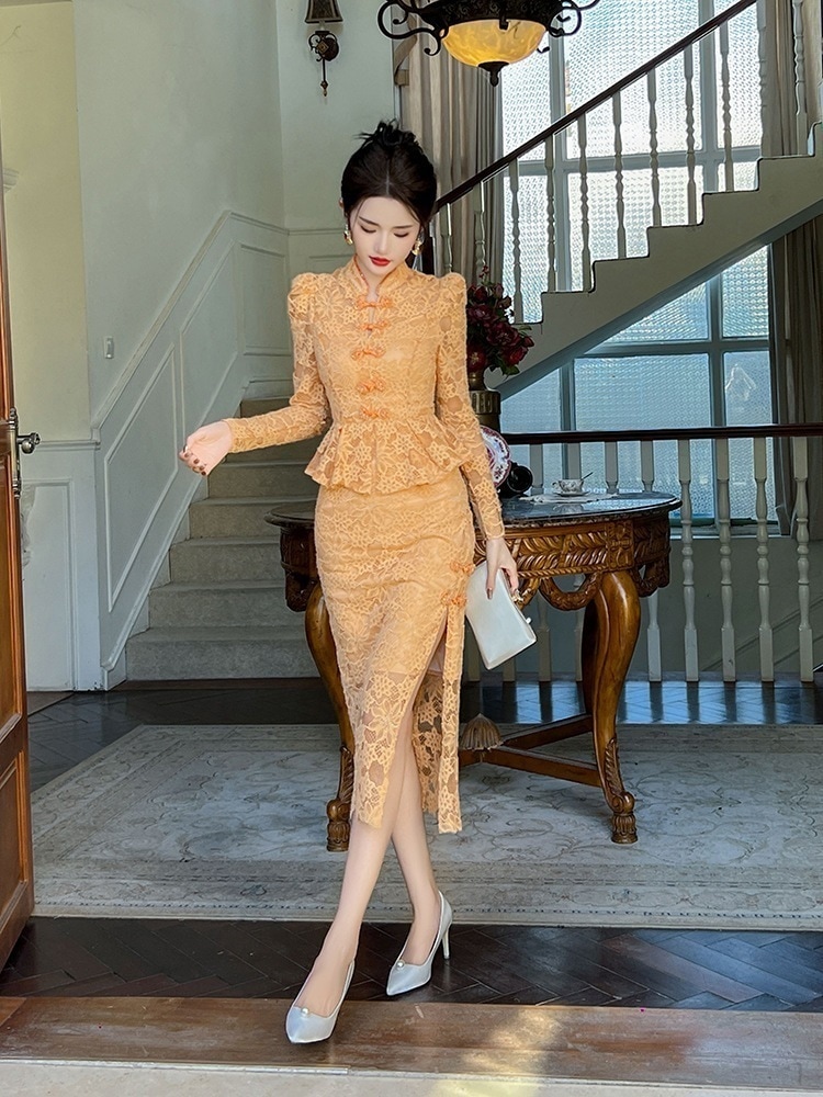 【JY.上品】 2025秋冬新品 チャイナドレス 上下セット フリル 中華風 パーティードレス キャバ 着痩せ 大人 お呼ばれ 同窓会 披露宴 卒業式 結婚式 ウェディング 二次会 メガ割