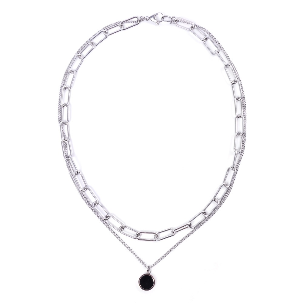 JBANS CLASSIC リバーシブルマザーオブパールペンダントサージカルスチールロングダブルチェーンネックレス (Y2101-AN005_SV)