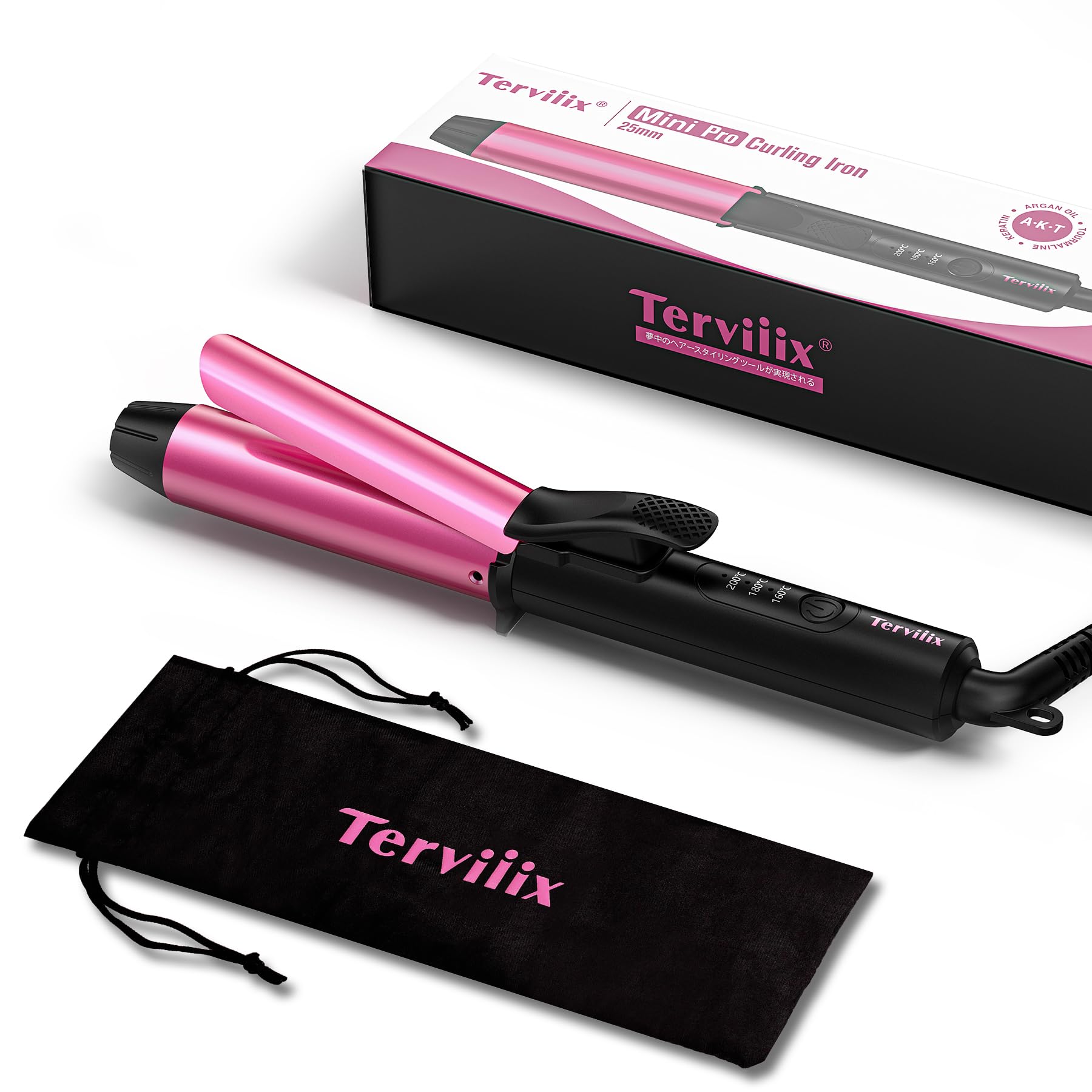Terviiix ミニカールアイロン 25mm 持ち運びヘアアイロン 旅行用ヘアアイロンミニ 海外対応 160/180/200℃ 三段階温度設定 耐熱ポーチ付き