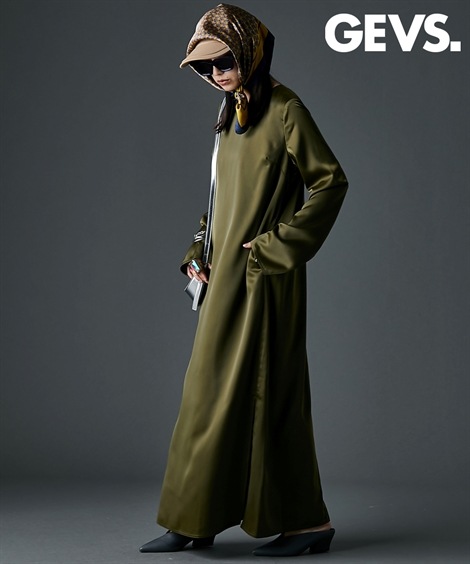 ロング・マキシ丈/半袖 サテンAラインマキシワンピース 大きいサイズ有 GEVS.