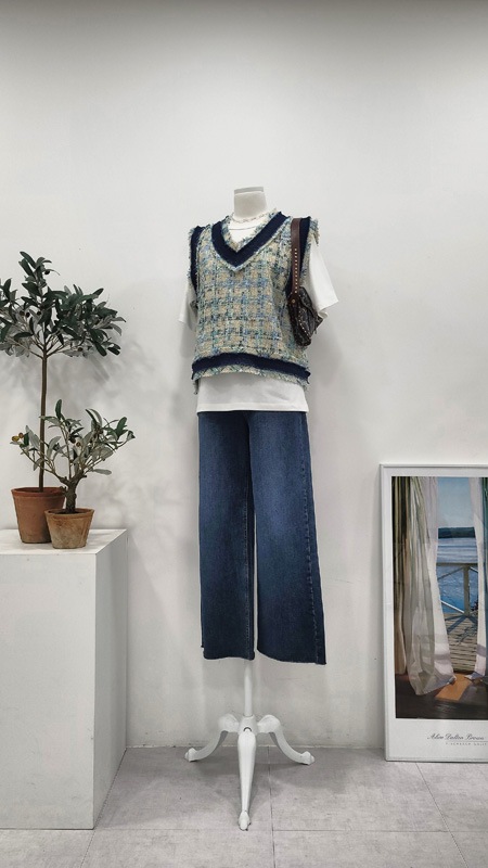 レディースツイードクロップベストピンクベストルーズフィットチェックVネックベスト