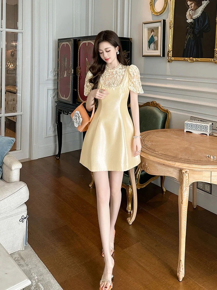 【JY.上品】 2024夏新品 レース ワンピース シルク Aライン ダイヤモンド飾り ドレス パーティー キャバ 着痩せ 大人 同窓会 披露宴 卒業式 結婚式 演奏会 ウェディング 二次会 メガ割