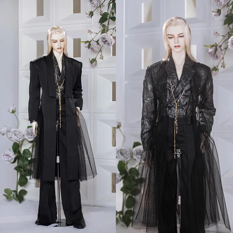 BJD 衣装 75cm筋肉ありドール服 黒色 長袖 ロングコート チュールアウター ワイドパンツ シャツ uncleサイズ球体関節人形用衣装セット
