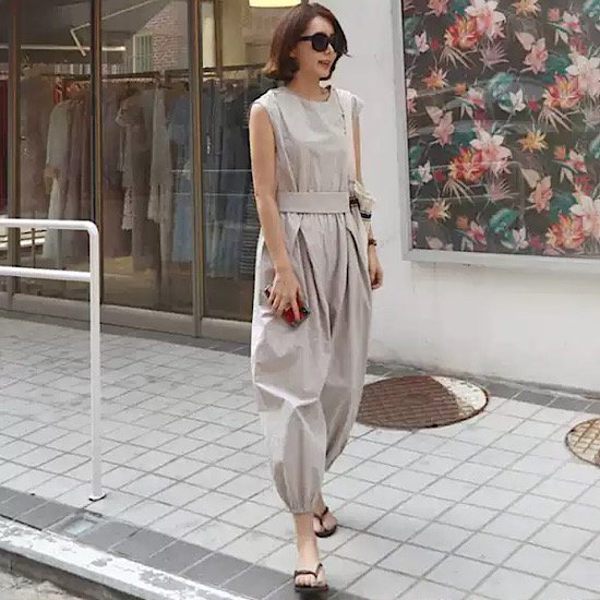 【取寄：納期2週間】オールインワン パンツ ルーズ ラウンドネック ノースリーブ ウエスト切り替え レディース