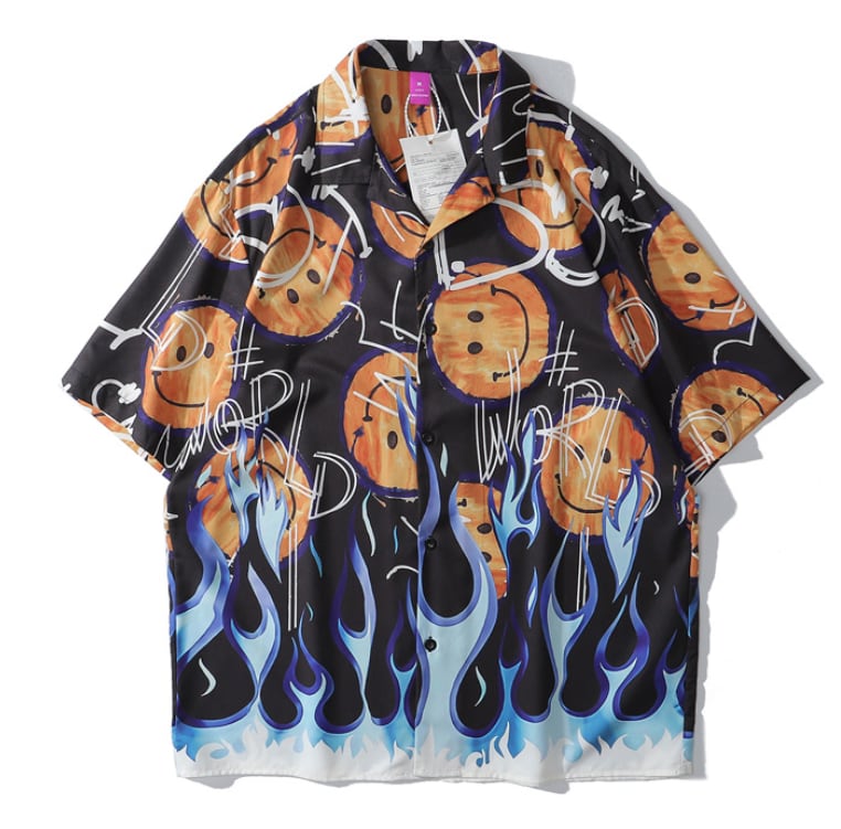 シャツ 開襟シャツ メンズ カジュアル トップス ニコちゃんマーク スマイリーフェイス ニコニコマーク 半袖 sh0047