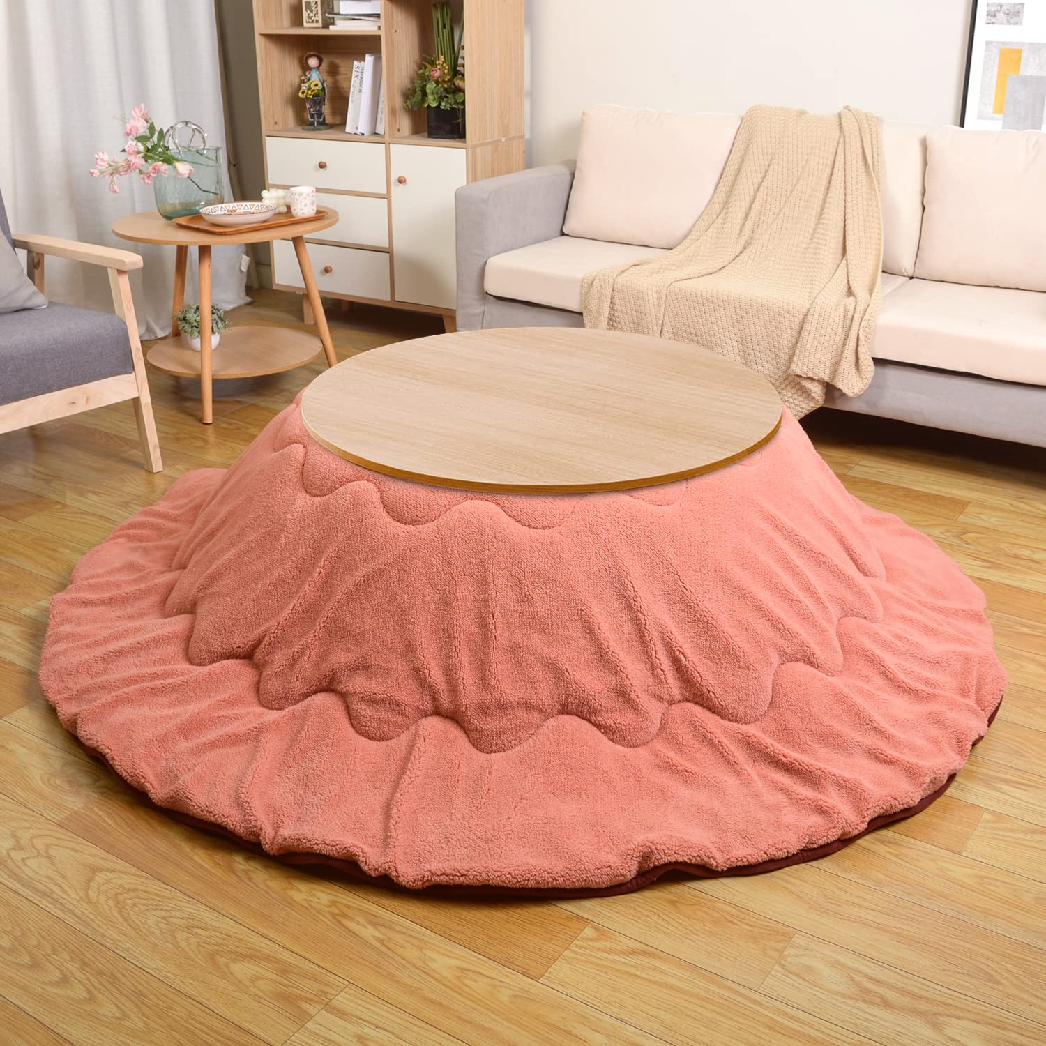 JEMAジェマ こたつ布団 こたつ厚掛け布団 こたつふとん 丸型 円形 丸い リバーシブル 両面使える 掛け布団単品 吸湿発熱 中空綿 ふわふわ もこもこ ボアフリース素材 無地 直径約225cm 洗