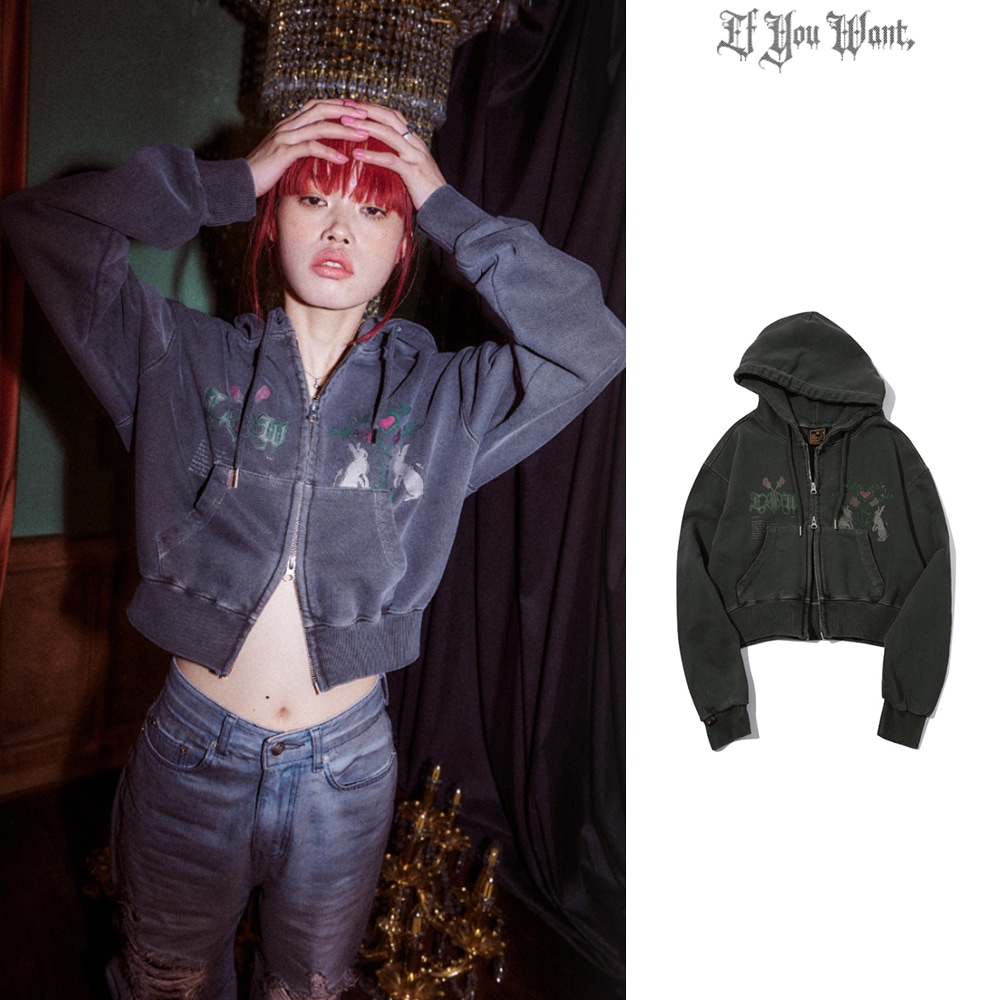 【IFYOUWANT】2 WAY BUNNY CROP pigment HOOD ZIPUP