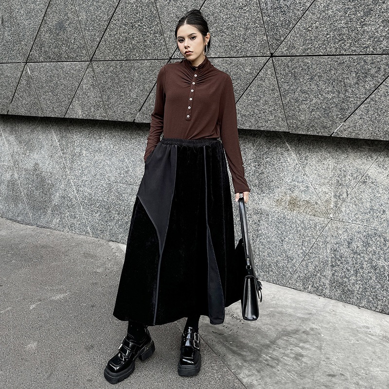 【J.Fashion】 ロングスカート ドッキング おしゃれ 個性的なデザイン ゴム ハイウエスト 秋冬 レディース スカート メガ割